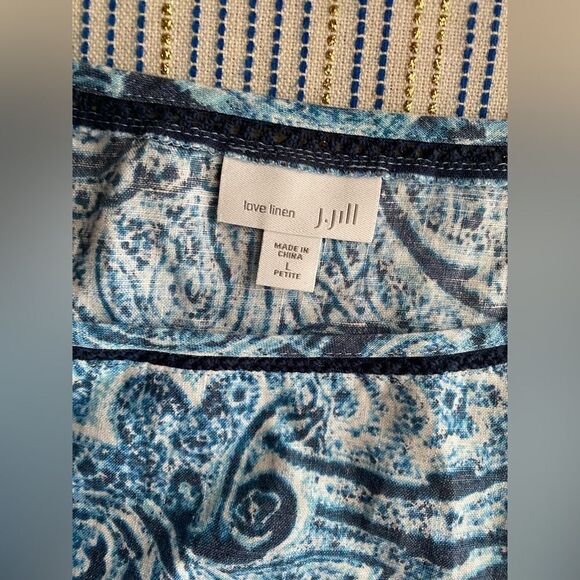 J. Jill Love Linen Dress Women Sz Large Petite Indigo Blue Paisley Waves A-line - Picture 5 of 11